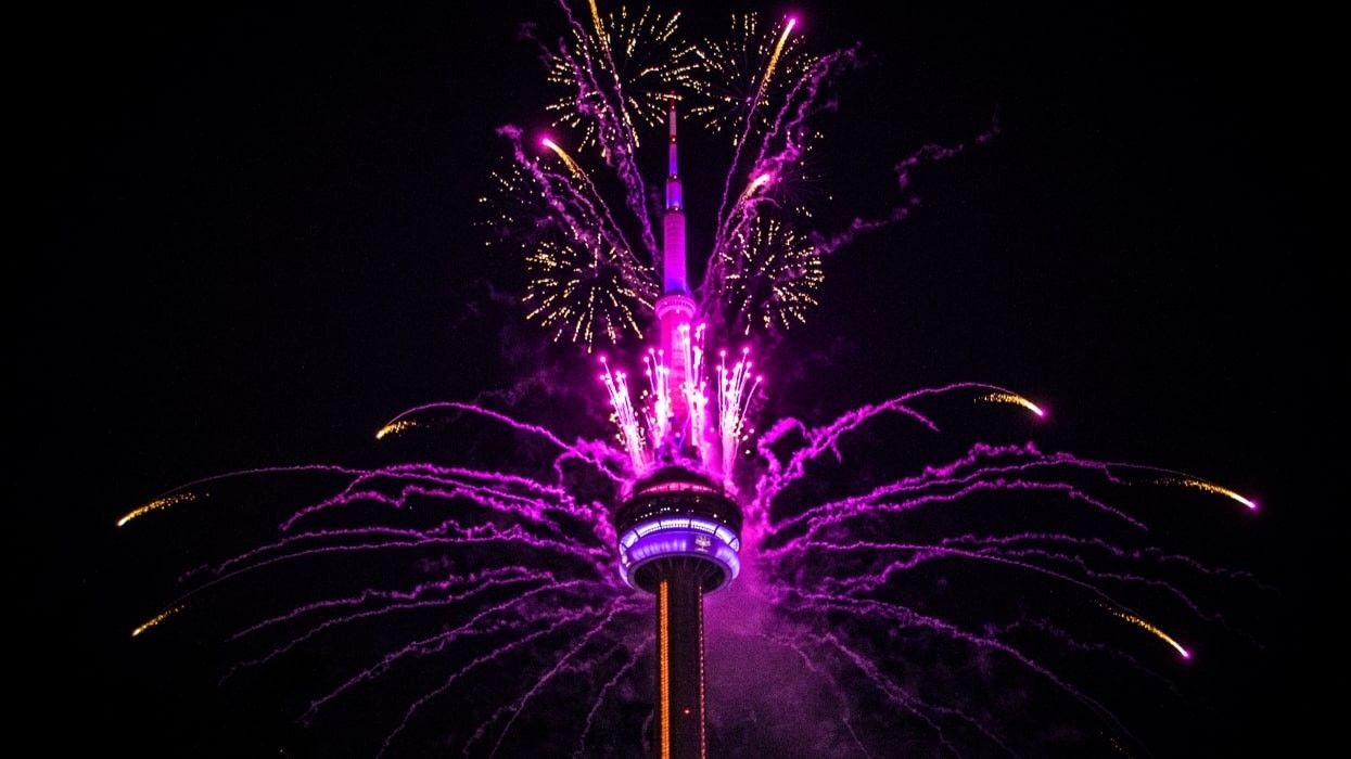 Fireworks behind the CN Tower in Toronto.