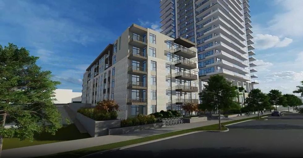 Ground level rendering of the proposed six-storey rental building.