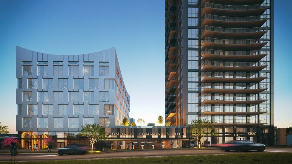 Ground-level renderings of buildings proposed for 7135 Walker Avenue and 7244 Arcola Street in Burnaby. 