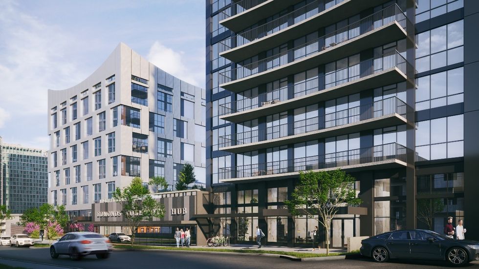 Ground-level renderings of buildings proposed for 7135 Walker Avenue and 7244 Arcola Street in Burnaby. 