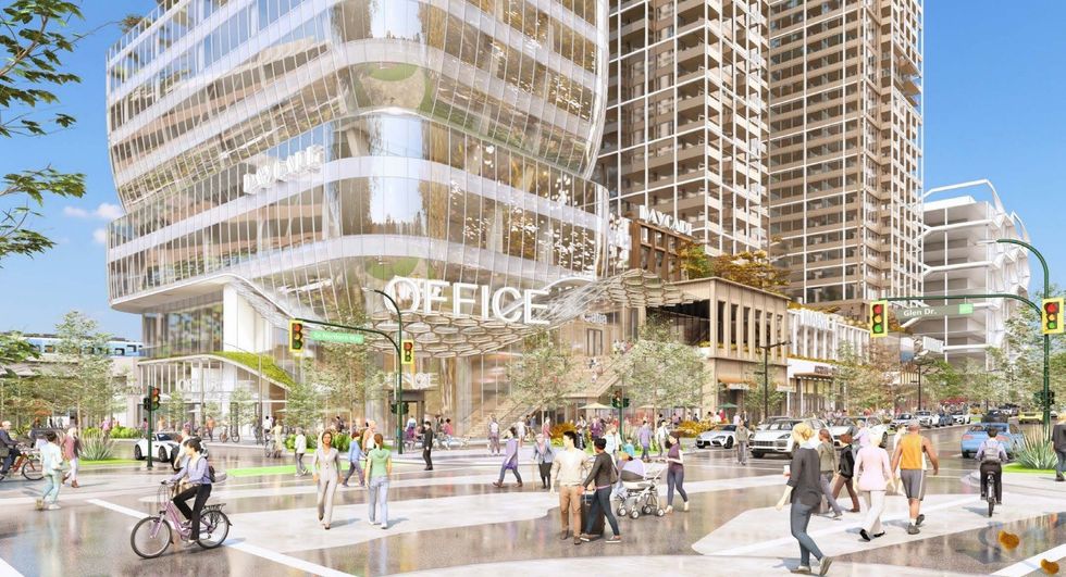 Ground-level view of 1155 E 6th Avenue from the west, at Glen Drive.