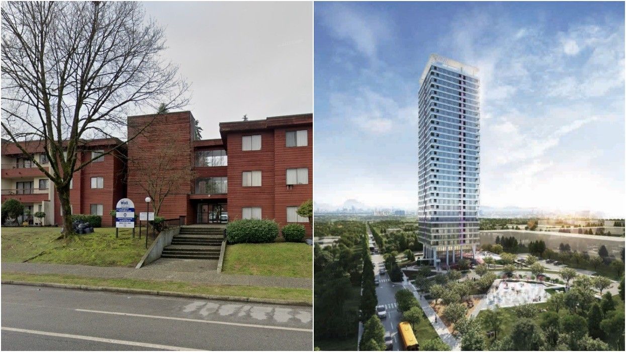 Maple Place at 10611 150 Street in Surrey (left) and the proposed tower (right).