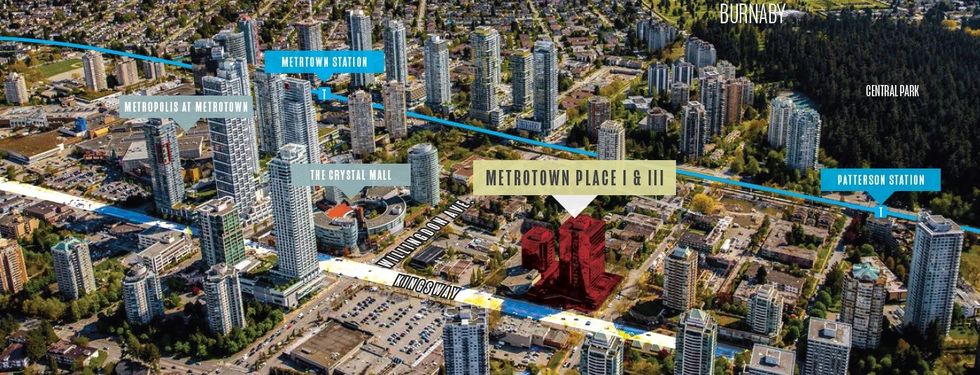 Metrotown Place and its surrunding context in Burnaby.
