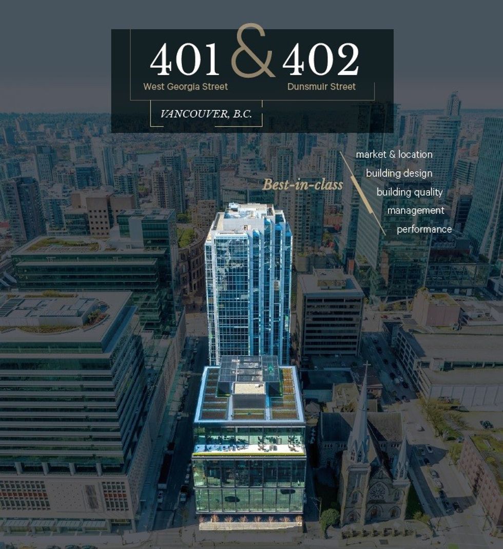 One page of the sales brochure for 401 W Georgia and 402 Dunsmuir.