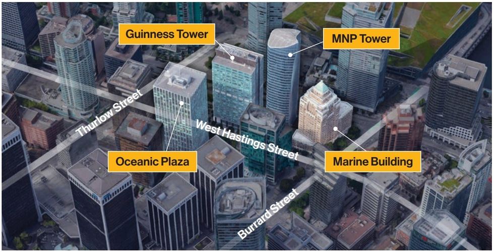 Oxford Place, comprised of the Oceanic Plaza, Guinness Tower, MNP Tower, and Marine Building in Vancouver.