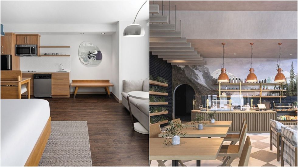 Photos of a hotel suite and restaurant within the new Element Hotel in downtown Calgary.