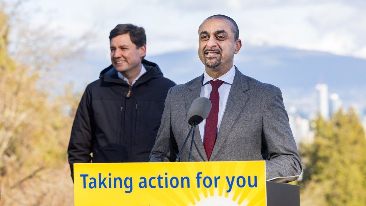 ​Premier David Eby and Minister of Housing Ravi Kahlon at an announcement in February.