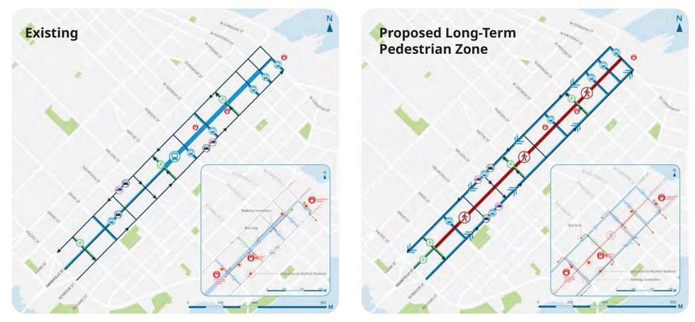 Proposed transportation network changes in the Granville Street Plan area to support a pedestrian zone.