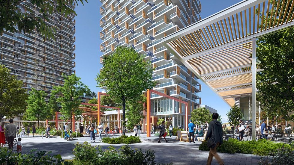 Public amenity space between Beedie's three Spring Street towers.