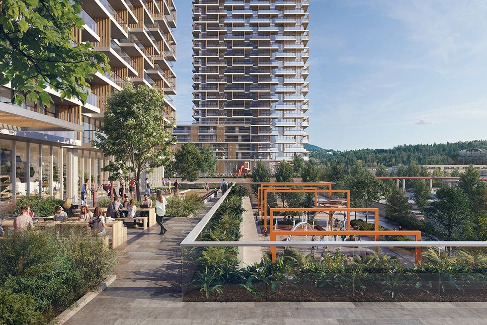 Public amenity space between Beedie's three Spring Street towers.