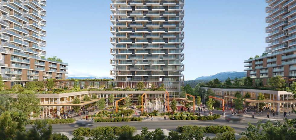 Public amenity space between Beedie's three Spring Street towers.