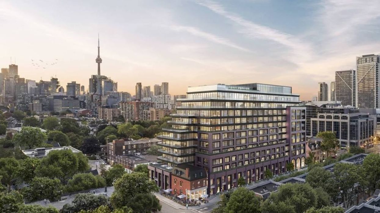 Rendering of modern condo surrounded by trees, with CN tower in background