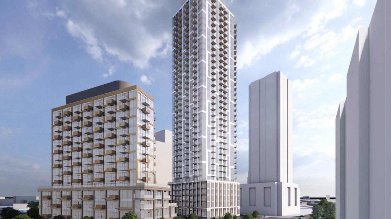 rendering of proposed 37- and 15-storey buildings for scarborough's