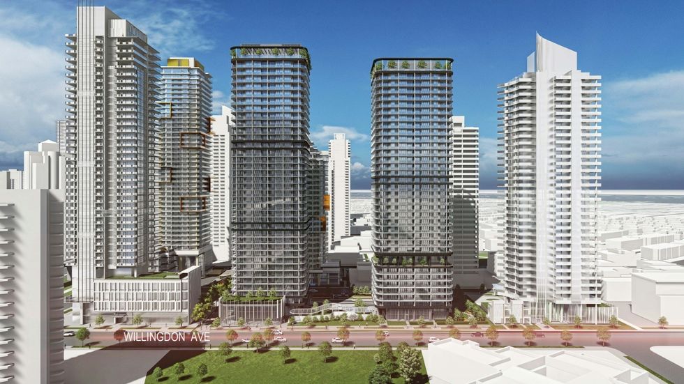 Rendering of the row of towers along Willingdon Avenue.