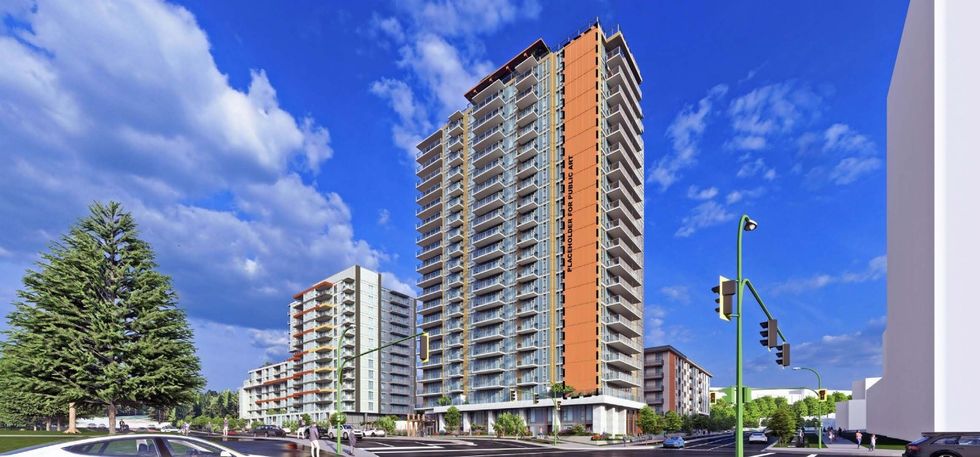 Renderings of Phase One of K\u02b7as\u0259n Village from along Willingdon Ave.