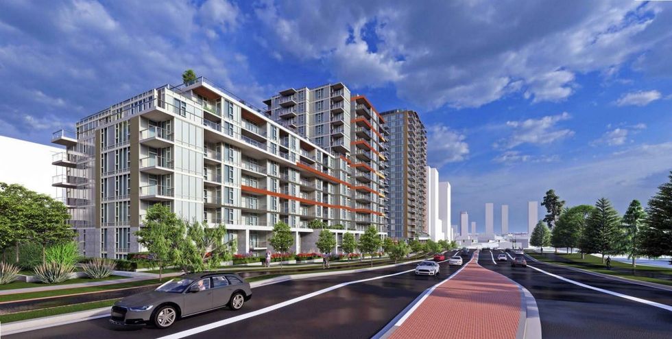 Renderings of Phase One of K\u02b7as\u0259n Village from along Willingdon Ave.
