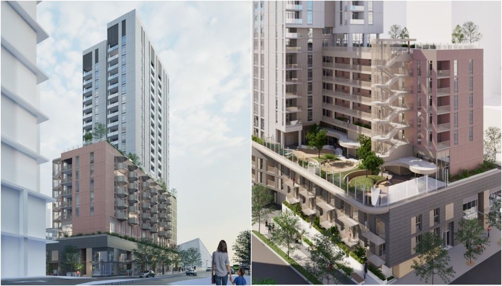 Renderings of the 27-storey social housing tower proposed for 1395 Rolson Street in Vancouver.
