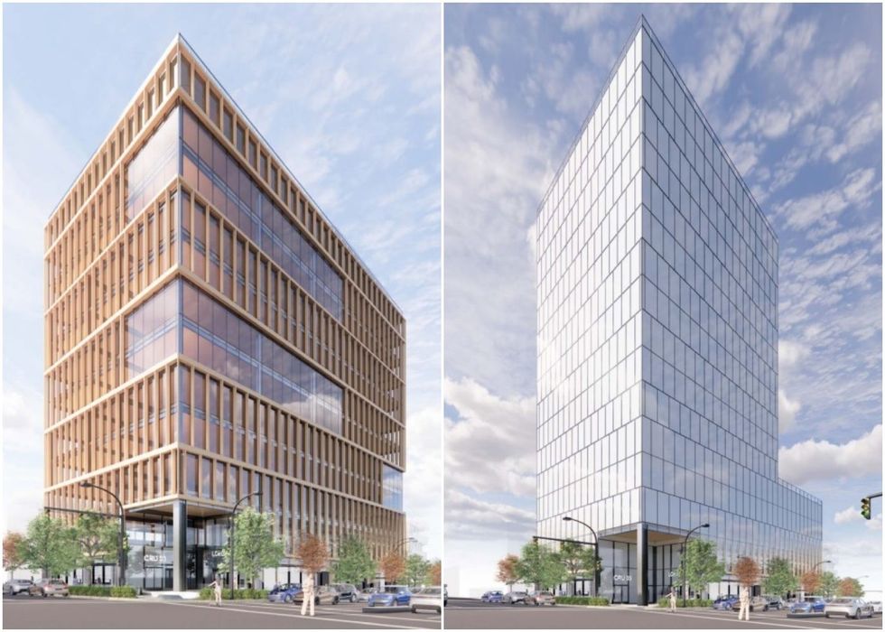 Renderings of the alternate 12-storey proposal (left) and 16-storey proposal (right).