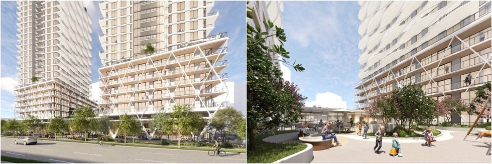 Renderings of the building podium from along Terminal Avenue (left) and the roof of the podium (right). 
