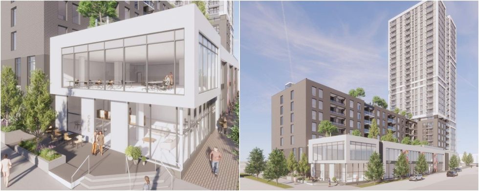 Renderings of the commercial space in the building podium.