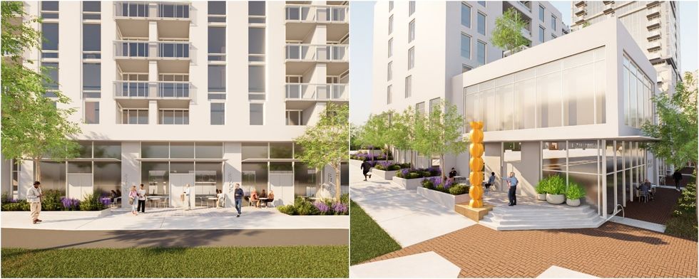 Renderings of the commercial space in the building podium.