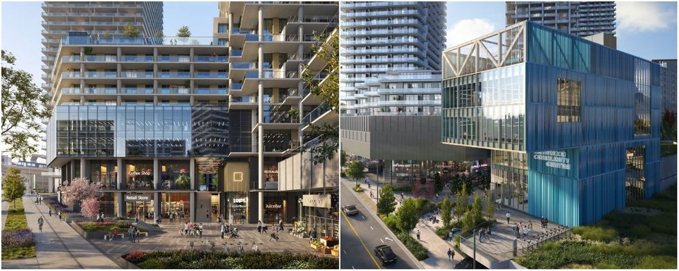 Renderings of the commercial space (left) and community centre (right).