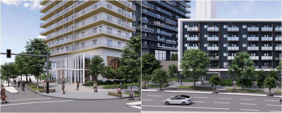 Renderings of the ground level of the two proposed buildings.