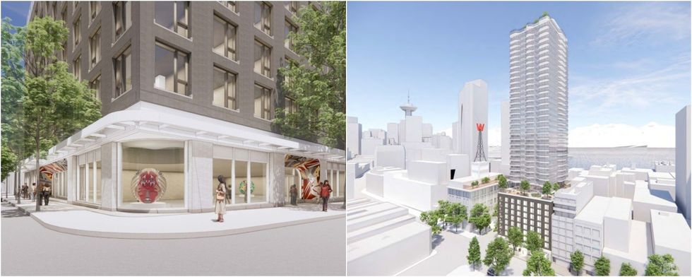 Renderings of the Indigenous art gallery (left) within the 38-storey social housing tower planned for 388 Abbott Street.