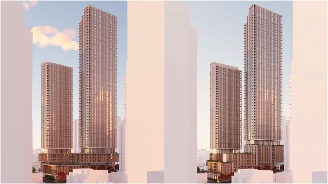 Renderings of the proposal for 1402-1460 Burrard Street, 900 Pacific Street, and 1401-1461 Hornby Street.
