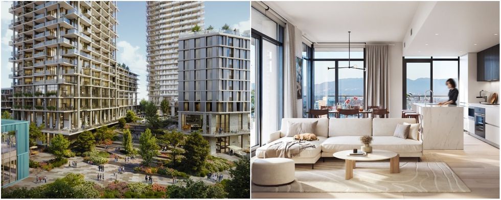 Renderings of the residential building exteriors (left) and interior (right).