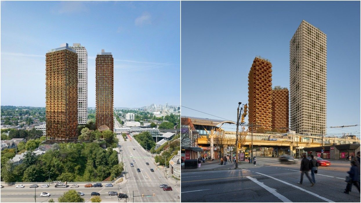 Renderings of the three towers planned for 1780 E Broadway in Vancouver.