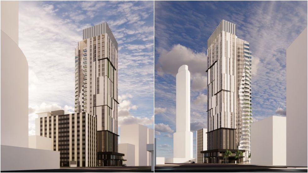 Renderings of the tower from the east (left) and west (right).