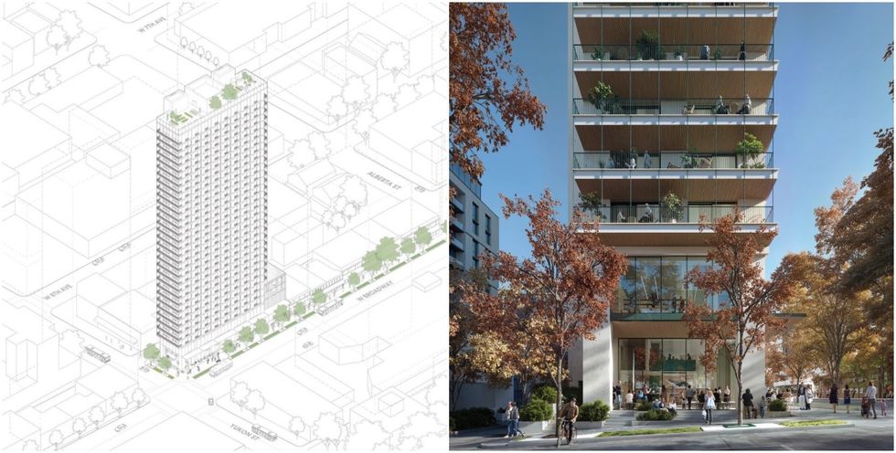 Renderings of the tower proposed for 365-395 W Broadway in Vancouver.