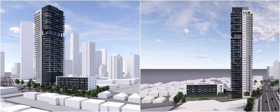Renderings of the two buildings facing the west (left) and facing the east (right).