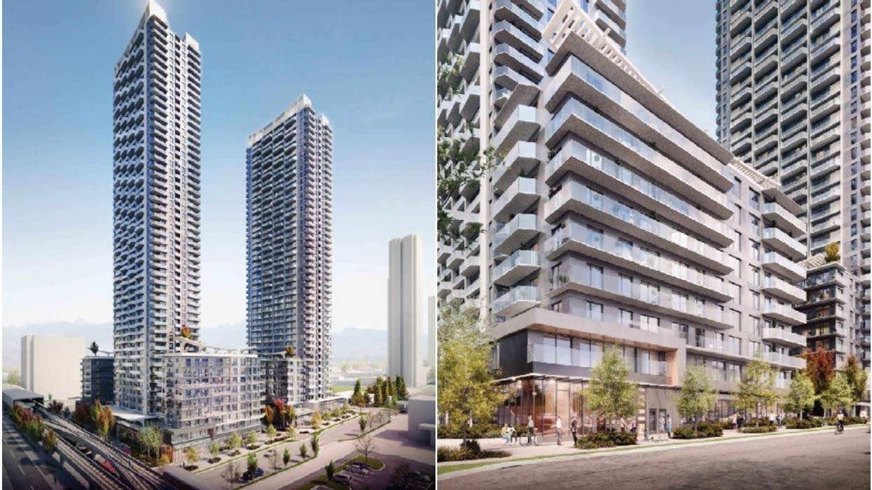 Renderings of the two high-rise buildings proposed for 107A Avenue in Surrey.
