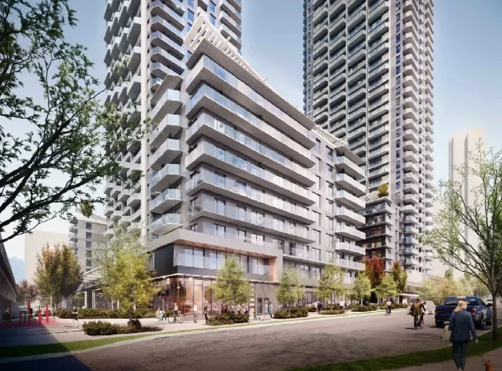 Renderings of the two high-rise buildings proposed for 107A Avenue in Surrey.