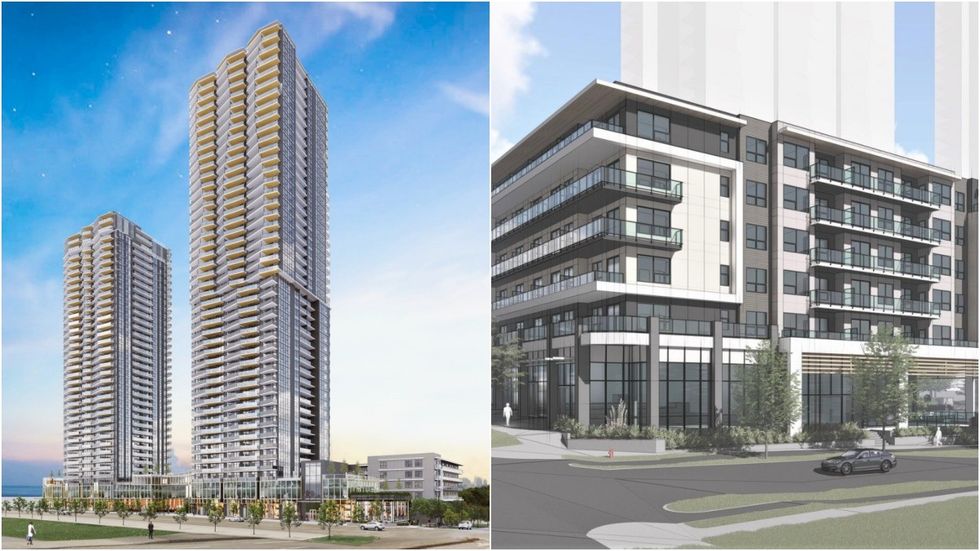 Renderings of the two high-rise strata tower (left) and the low-rise rental building (right).