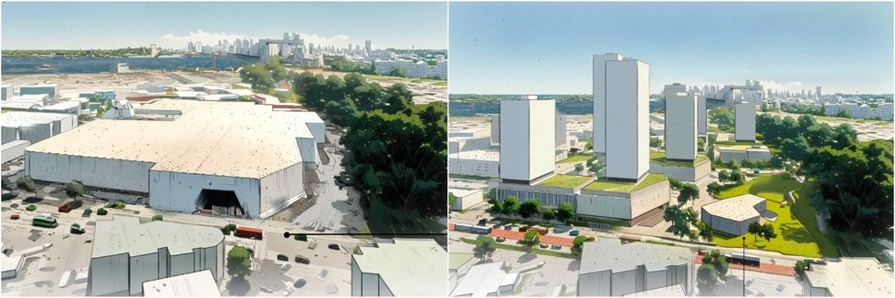 Rough sketches of the current Capilano Mall (left) and redevelopment plan (right).