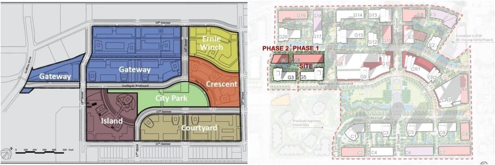 Southgate City's six neighbourhoods (left) and site of Gateway's first two phases (right).