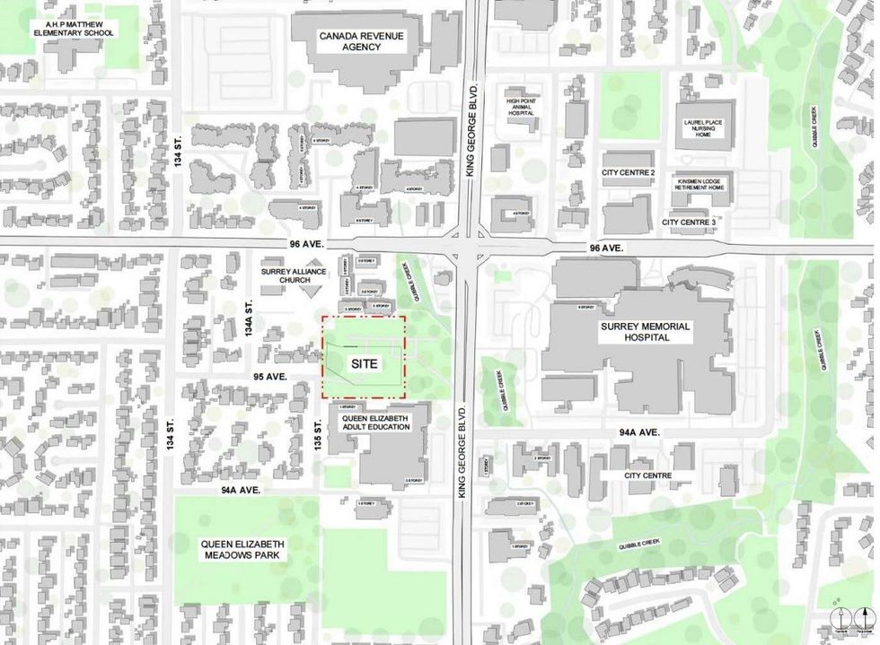The 13531 and 13567 95 Avenue site in Surrey and its surrounding context.