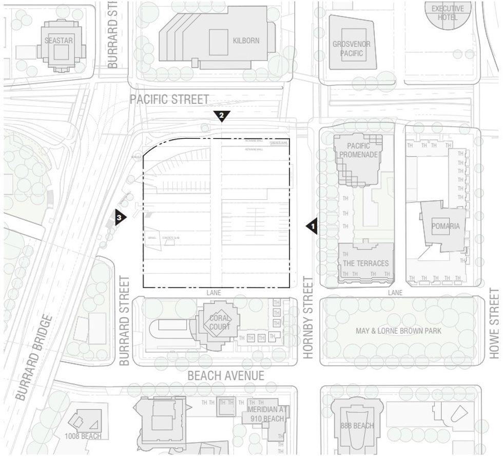 The 1402-1460 Burrard Street, 900 Pacific Street, and 1401-1461 Hornby Street site.