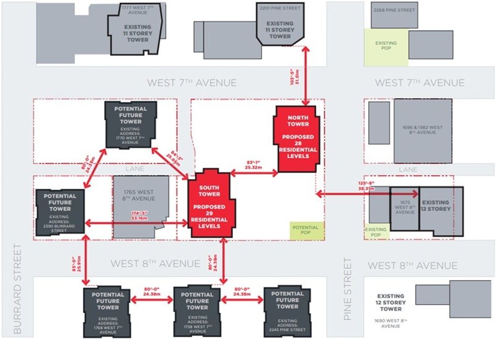 The 1745 W 8th Avenue site, it surrounding context, and its tower separations.