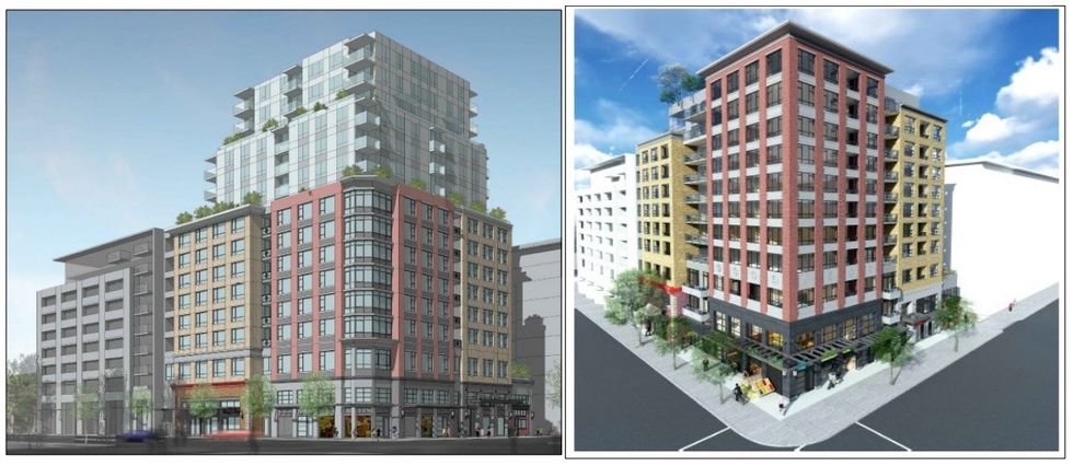 The 2017 proposal (left) and 2019 proposal (right) for 796 Main Street in Vancouver.