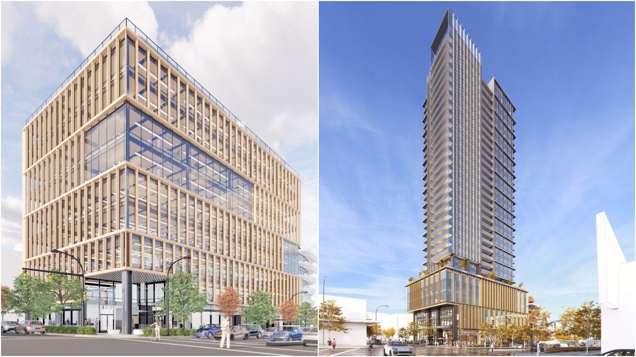 The 2023 proposal (left) and 2025 proposal (right) for 2219-2285 Cambie Street in Vancouver.