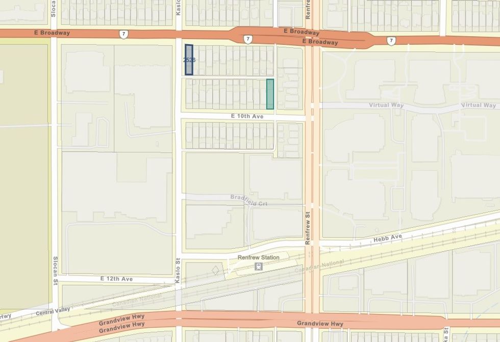 The 2528 Kaslo Street to 2881 E 10th Avenue land assembly consists of 13 parcels along E Broadway and 13 parcels along E 10th Avenue.