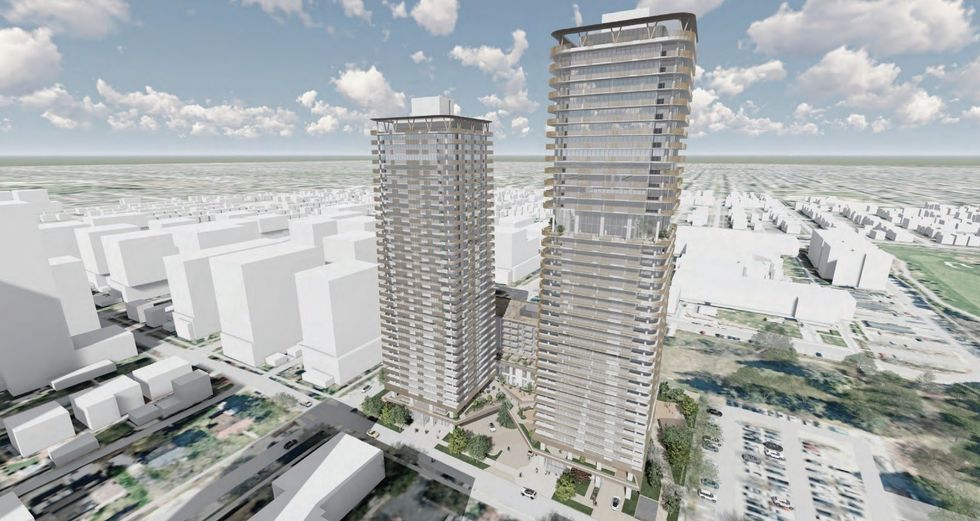 The 33-storey rental tower (left) and 37-storey strata tower (right), along Alberta Street.