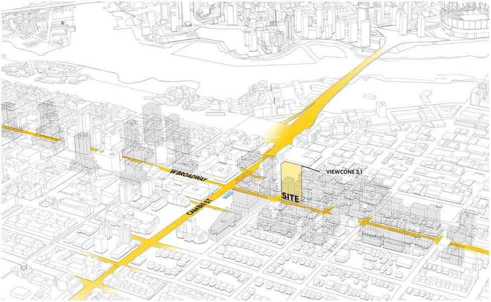 The 365-395 W Broadway site (yellow)is just a block away from Broadway-City Hall Station (blue).