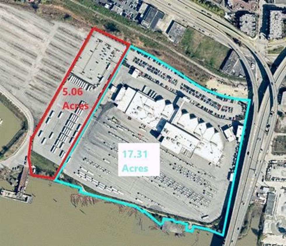 The 5.06-acre of 9150 Bentley Street that TransLink recently acquired and the 17.31-acre Vancouver Transit Centre.