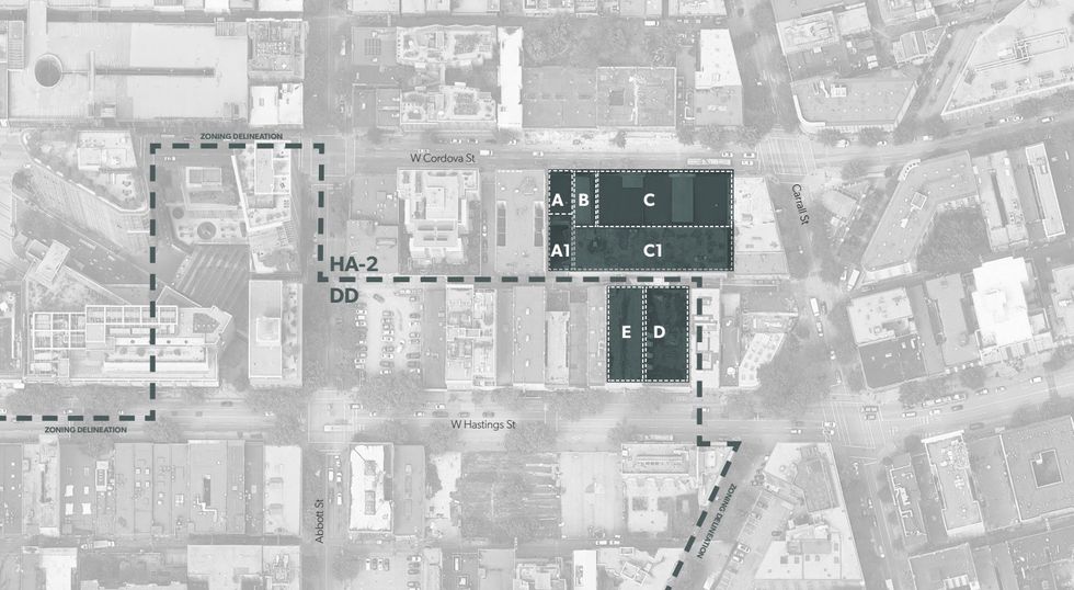 The 8-36 W Cordova Street site (north) and 15-27 W Hastings Street site (south) in Vancouver.