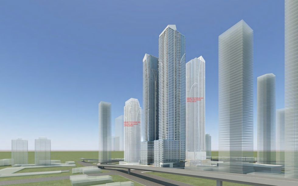 The 80-storey and 73-storey Pinnacle Lougheed towers (centre).